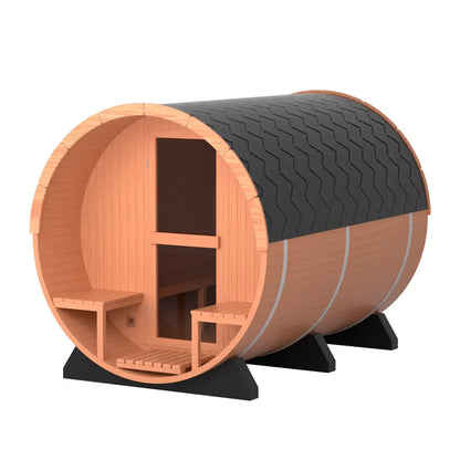 Luxury All-Season 6-Person Barrel Sauna with Front Porch,  Patchwork Red Cedar Steam Sauna Kit with Waterproof Tile