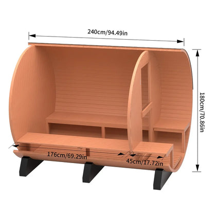 Luxury All-Season 6-Person Barrel Sauna with Front Porch,  Patchwork Red Cedar Steam Sauna Kit with Waterproof Tile