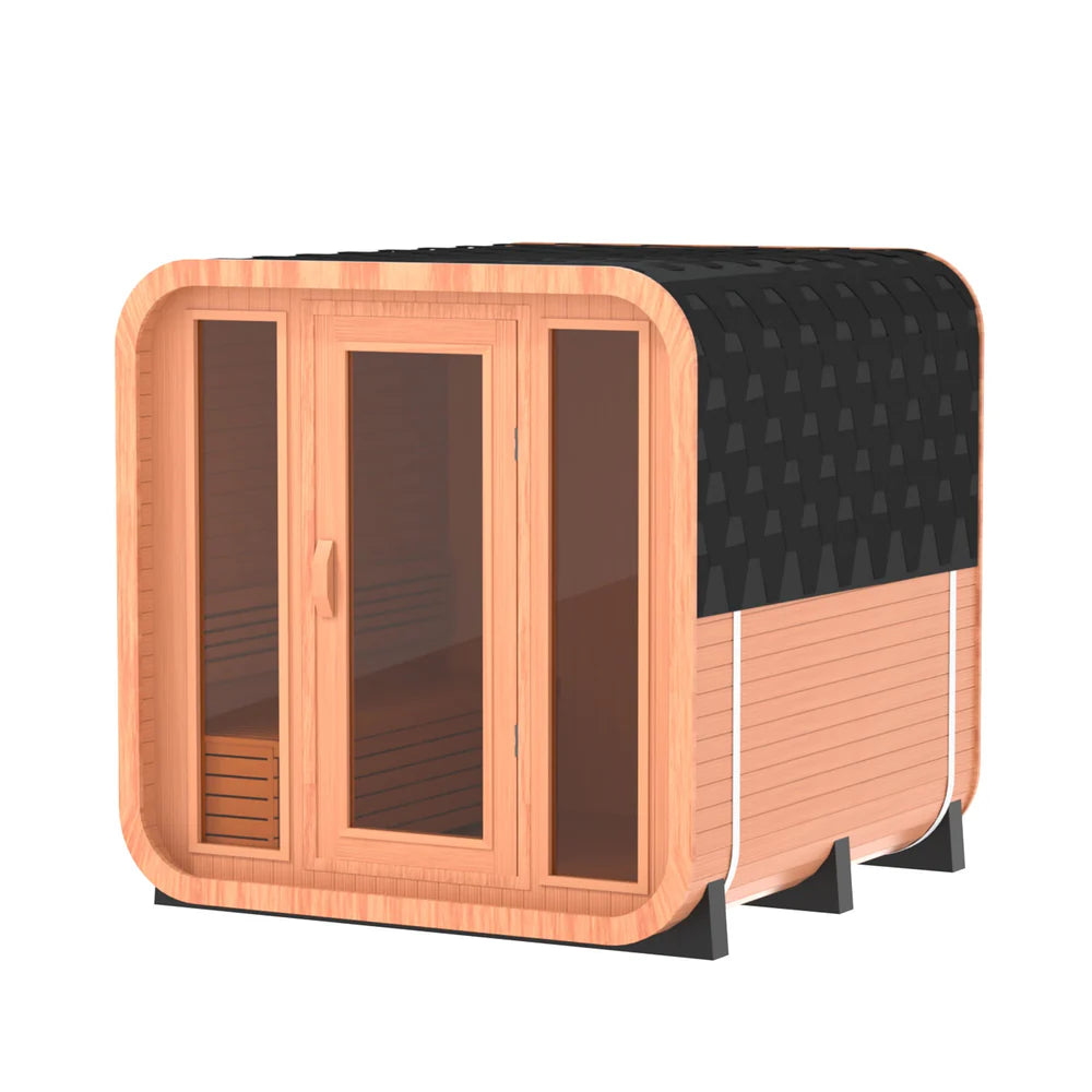 Traditional 6-Person Patchwork Red Cedar Sauna Steam Kit with a Waterproof Tile for Year-Round Luxury
