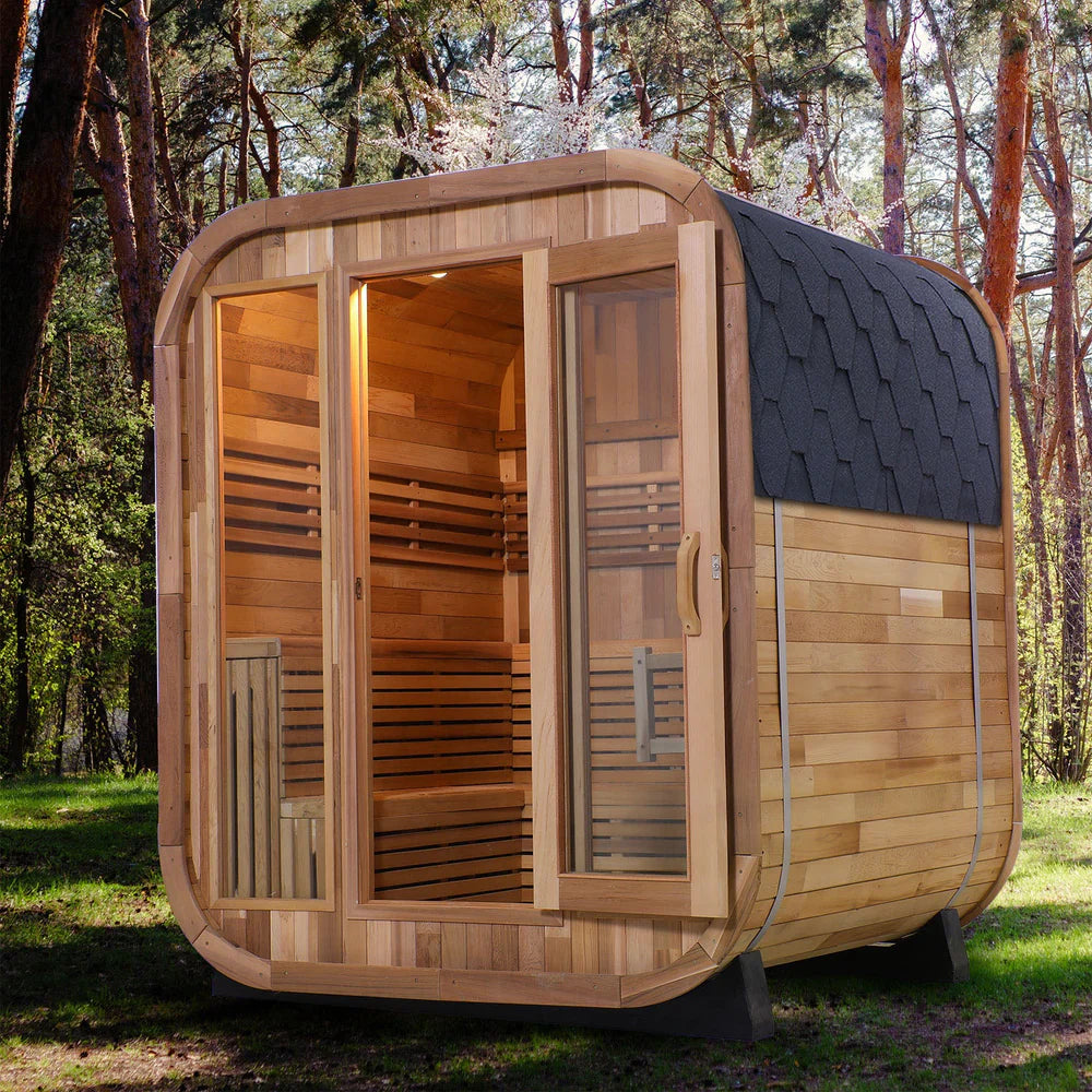 Traditional 6-Person Patchwork Red Cedar Sauna Steam Kit with a Waterproof Tile for Year-Round Luxury