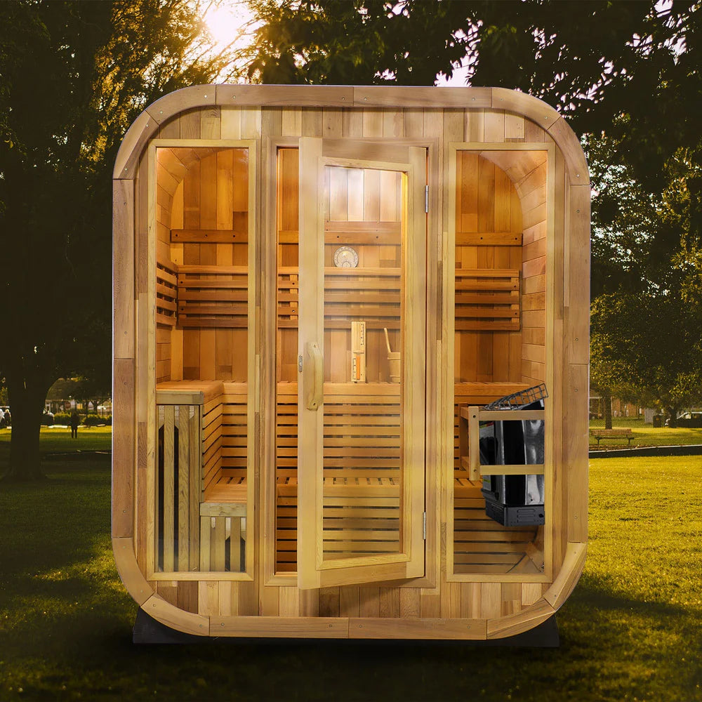 Traditional 6-Person Patchwork Red Cedar Sauna Steam Kit with a Waterproof Tile for Year-Round Luxury