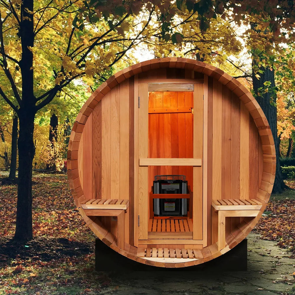Luxury All-Season 6-Person Barrel Sauna with Front Porch,  Patchwork Red Cedar Steam Sauna Kit with Waterproof Tile