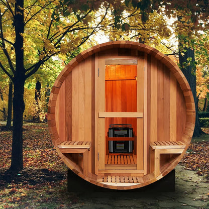 Luxury All-Season 6-Person Barrel Sauna with Front Porch,  Patchwork Red Cedar Steam Sauna Kit with Waterproof Tile