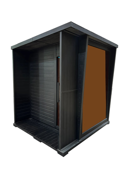 New Exclusive High-End Black Outdoor Square Sauna for 4-6 Persons - Architectural Weatherproof ThermoWood - Panoramic Glass & LED lighting