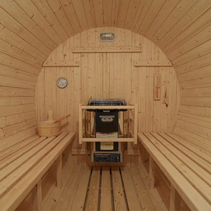 Prestige All-Weather Outdoor Premium White Pine Barrel Sauna with Front Porch - 4-6 Person Retreat