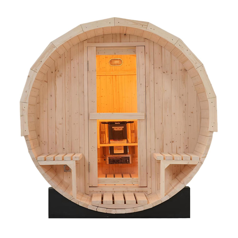 Prestige All-Weather Outdoor Premium White Pine Barrel Sauna with Front Porch - 4-6 Person Retreat
