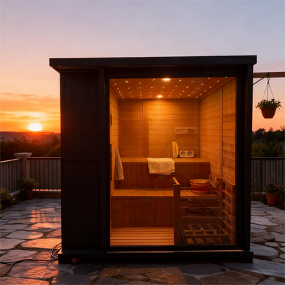 New Exclusive High-End Black Outdoor Square Sauna for 4-6 Persons - Architectural Weatherproof ThermoWood - Panoramic Glass & LED lighting