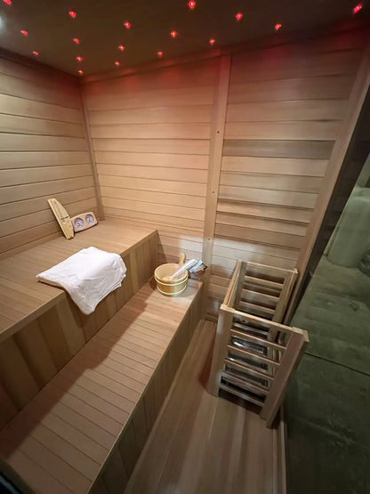 New Exclusive High-End Black Outdoor Square Sauna for 4-6 Persons - Architectural Weatherproof ThermoWood - Panoramic Glass & LED lighting