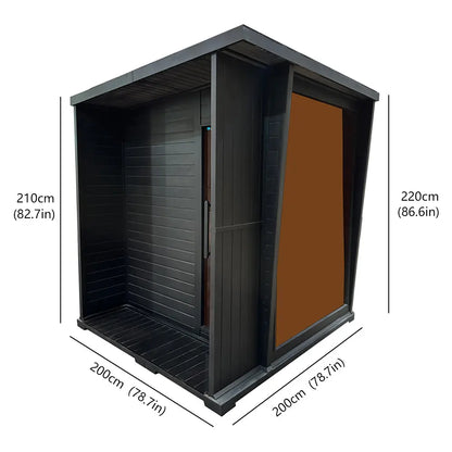 New Exclusive High-End Black Outdoor Square Sauna for 4-6 Persons - Architectural Weatherproof ThermoWood - Panoramic Glass & LED lighting