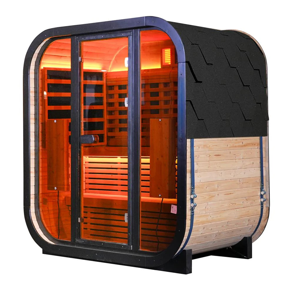 Outdoor Thermo Spruce Wood 4 - Person Far Infrared Sauna, Room with Dark Brown Tinted Glass, LED Chromotherapy Lights & Weather - Resistant Roof for Backyard Retreat
