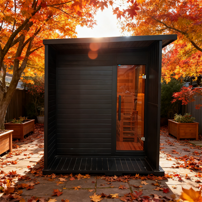 New Exclusive High-End Black Outdoor Square Sauna for 4-6 Persons - Architectural Weatherproof ThermoWood - Panoramic Glass & LED lighting