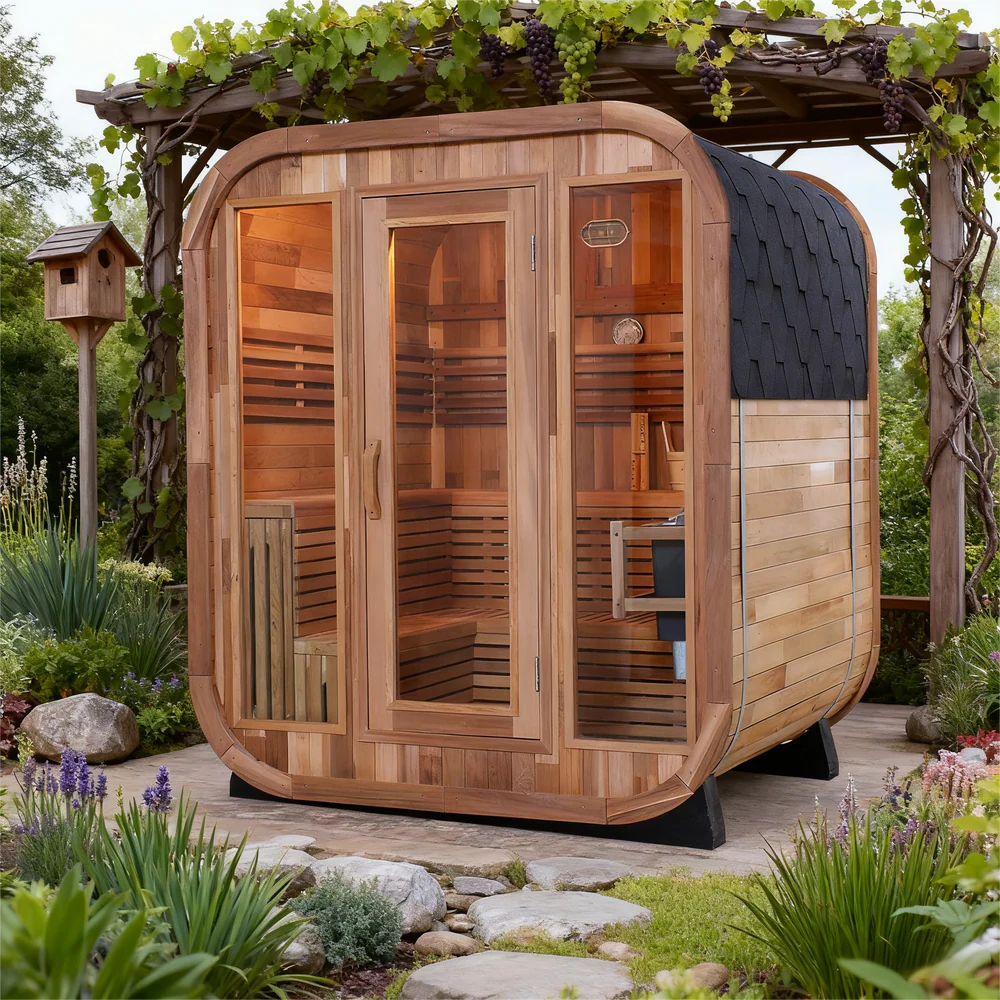 Traditional 6-Person Patchwork Red Cedar Sauna Steam Kit with a Waterproof Tile for Year-Round Luxury