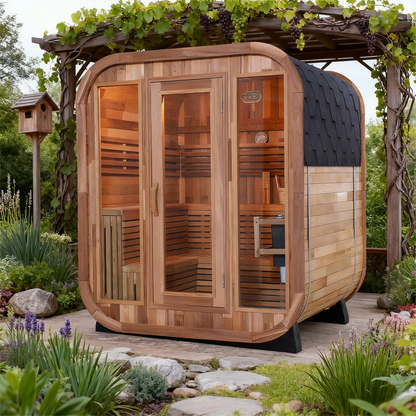 Traditional 6-Person Patchwork Red Cedar Sauna Steam Kit with a Waterproof Tile for Year-Round Luxury