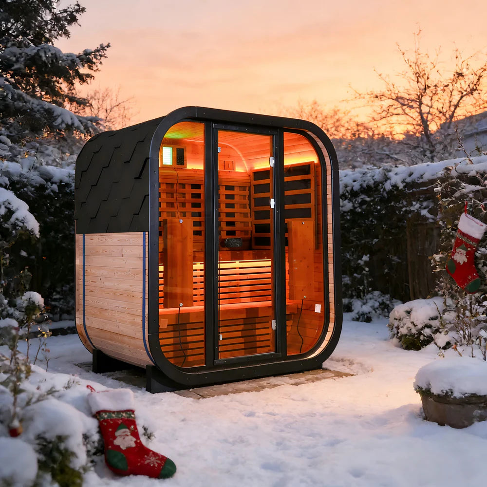 Outdoor Thermo Spruce Wood 4 - Person Far Infrared Sauna, Room with Dark Brown Tinted Glass, LED Chromotherapy Lights & Weather - Resistant Roof for Backyard Retreat