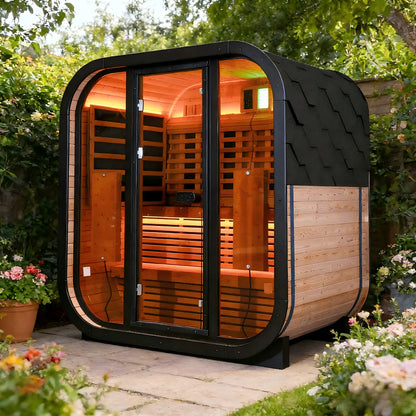 Outdoor Thermo Spruce Wood 4 - Person Far Infrared Sauna, Room with Dark Brown Tinted Glass, LED Chromotherapy Lights & Weather - Resistant Roof for Backyard Retreat