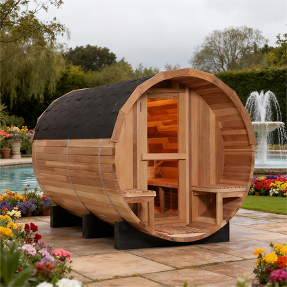 Luxury All-Season 6-Person Barrel Sauna with Front Porch,  Patchwork Red Cedar Steam Sauna Kit with Waterproof Tile