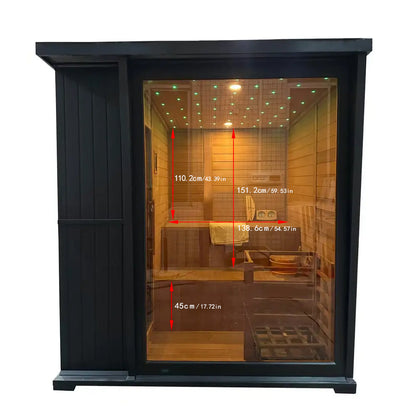 New Exclusive High-End Black Outdoor Square Sauna for 4-6 Persons - Architectural Weatherproof ThermoWood - Panoramic Glass & LED lighting