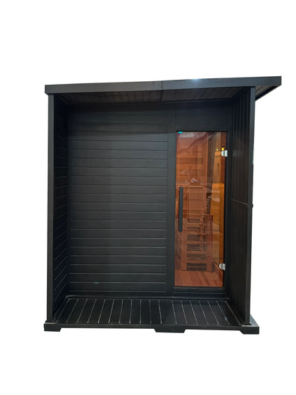 New Exclusive High-End Black Outdoor Square Sauna for 4-6 Persons - Architectural Weatherproof ThermoWood - Panoramic Glass & LED lighting