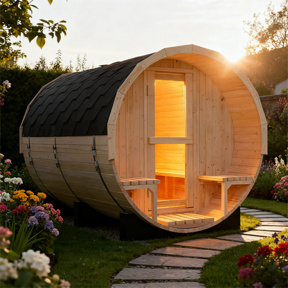 Prestige All-Weather Outdoor Premium White Pine Barrel Sauna with Front Porch - 4-6 Person Retreat