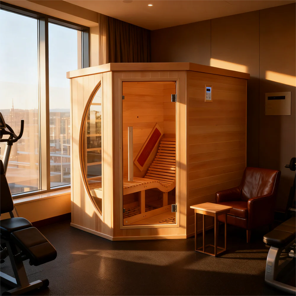 Indoor Premium Red Cedar Far Infrared  1 - Person Lounge Sauna - Aromatherapy Natural Wood, Tempered Glass Door for Relaxation