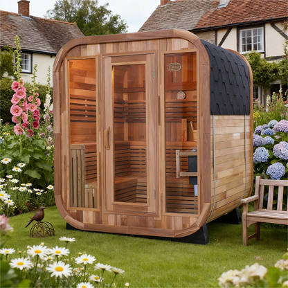 Traditional 6-Person Patchwork Red Cedar Sauna Steam Kit with a Waterproof Tile for Year-Round Luxury