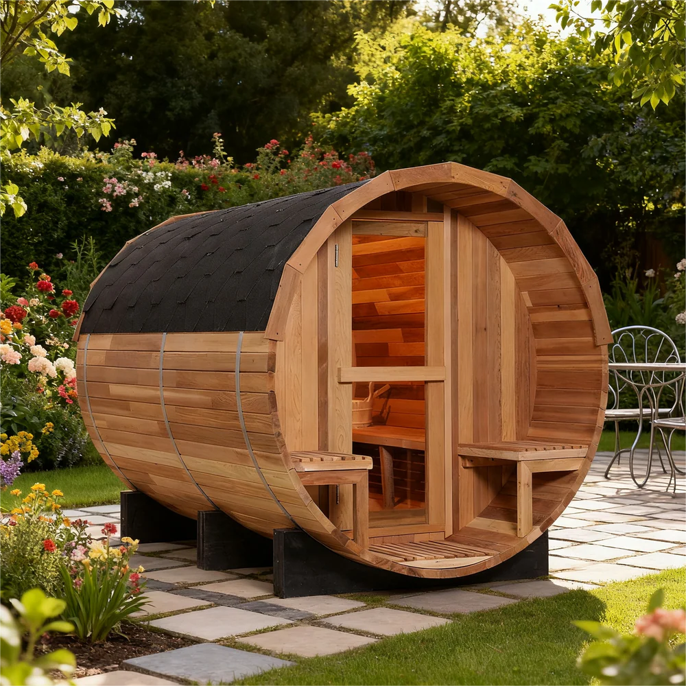 Luxury All-Season 6-Person Barrel Sauna with Front Porch,  Patchwork Red Cedar Steam Sauna Kit with Waterproof Tile